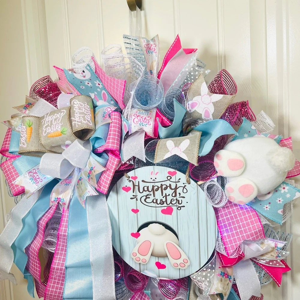 Handmade Spring Happy Easter Bunny Bum Prelit Ribbon Wreath 22 in LED W23